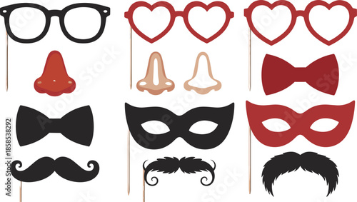A Set of Flat Vector Party Photo Booth Props Featuring Masquerade Masks, Heart-Shaped Glasses, Mustaches, and Bowties on Sticks in a Minimalist Style.