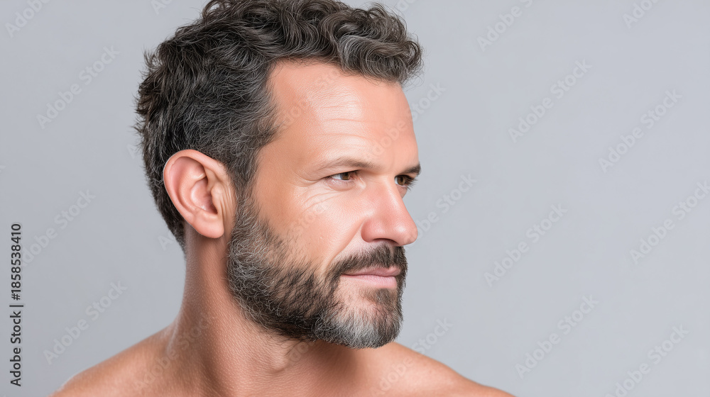 Fototapeta premium Man with salt and pepper beard and curly hair looks thoughtfully to side, showing sun kissed golden warmth on male temples against light grey studio background