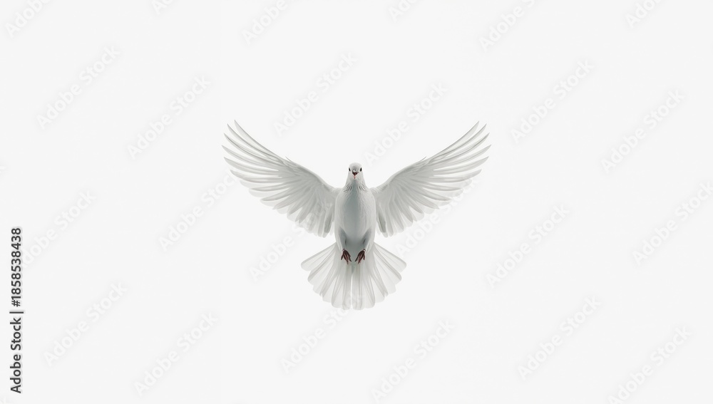 Fototapeta premium Flying white dove captured mid-air on a plain white background, symbolizing serenity and hope