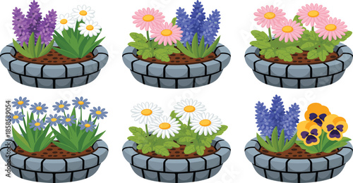 A Set of Six Flat Vector Illustrations Featuring Various Colorful Garden Flowers Like Daisies, Lavender, and Pansies in Stone-Textured Circular Planters.