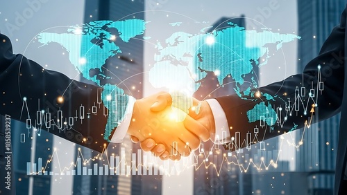 Handshake Between Business Professionals with a World Map and Financial Growth Charts Overlay, International Investment and Economic Cooperation
