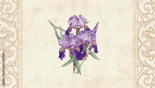 Watercolor floral pattern with irises and leaves, designed for textile and wallpaper applications