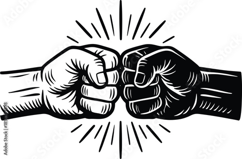 Unity and Diversity Fist Bump Hand Gesture Line Art Illustration Isolated on White
