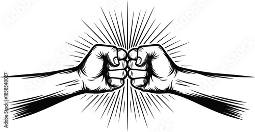 Two Hands Fist Bump with Radiating Energy Line Art Illustration Isolated