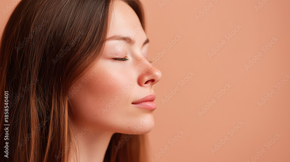 Fototapeta premium Young woman with long straight brown hair and eyes closed slowly exhaling with calm expression on peach background, showing natural skin and relaxed mood