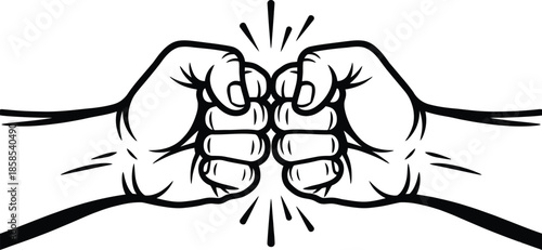 Power Fist Bump Hand Gesture Line Illustration with Impact Lines on White Background