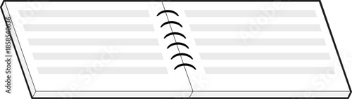Open notebook vector illustration in clean flat line style, featuring a spiral-bound book viewed from a slight perspective angle with lined pages.