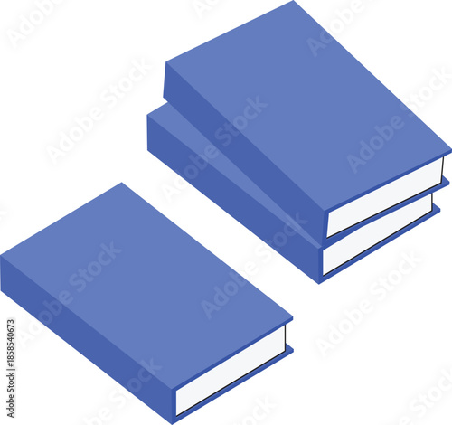 Isometric stack of books vector illustration in a clean flat design style, featuring blue hardcover books arranged in single and stacked compositions.