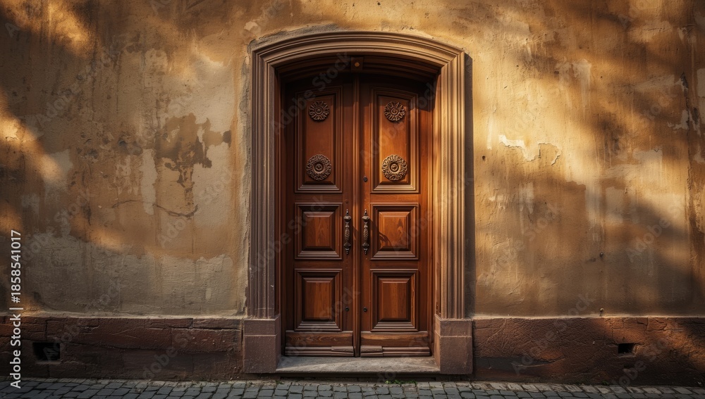 Fototapeta premium Old wooden door, city street setting highlighting architectural heritage
