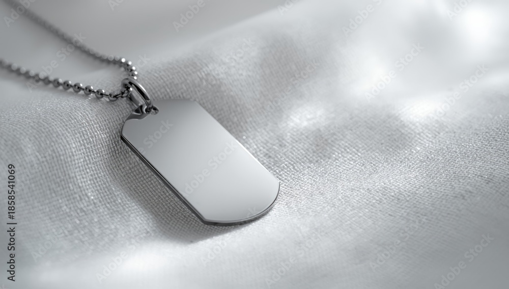 Fototapeta premium Silver metal identification tag on a chain, designed for pet recognition, background for security labeling