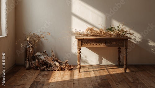 Textured vintage wood table top used as a background to enhance natural elements and decor displays, suitable for layout design