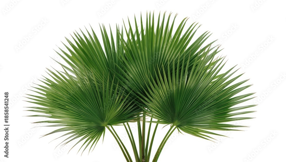 Obraz premium Livistona Rotundifolia palm fronds displayed on plain white backdrop, ideal for botanical or decorative use
