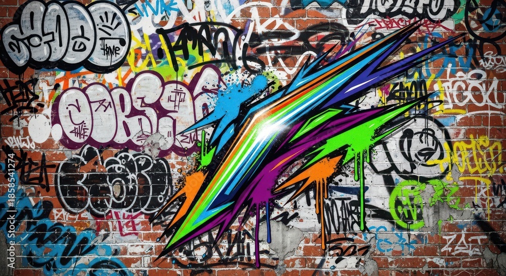 Obraz premium Vibrant, dynamic abstract shape overlays dense, multicolored street art covering a weathered brick wall surface