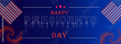 Happy Presidents' Day message written over dark blue bokeh background behind rippled American flag. Presidents' Day concept.