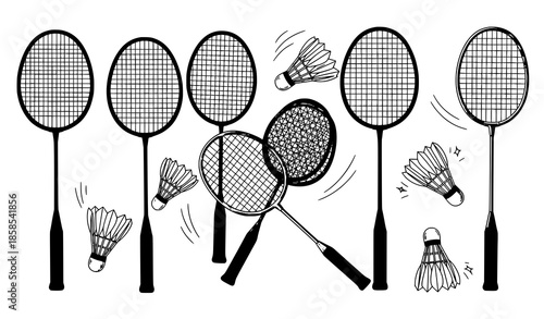Hand drawn badminton equipment vector set with rackets and shuttlecocks isolated on white