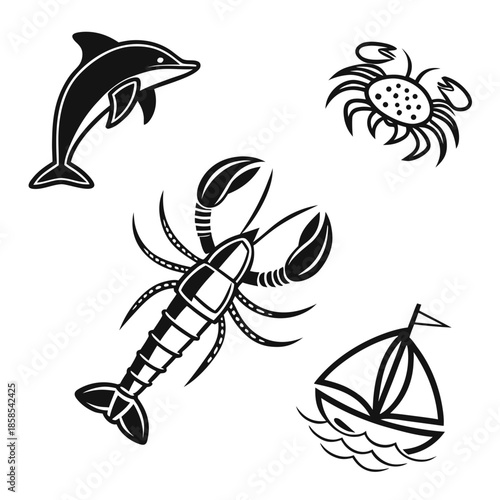 Sea creatures and boat silhouettes
