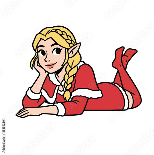 Cute Blonde Elf Girl in Red Christmas Outfit Lying Down Vector Illustration