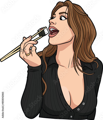 Beautiful Woman Eating Sushi with Chopsticks Pop Art Style Vector Illustration