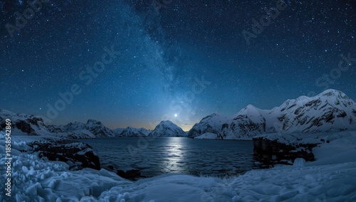 Wallpaper Mural Night scene of starry sky and Milky Way over icy coastline and snow-capped peaks in winter in Arctic region for astrophotography Torontodigital.ca