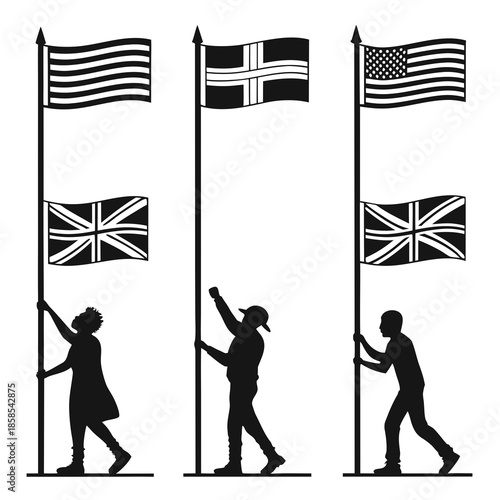 Silhouettes raising national flags