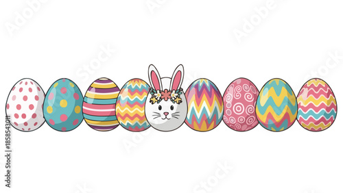 A colorful row of decorated Easter eggs with a cute bunny face in the center, adorned with a floral crown, set against a white background.