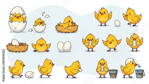 A collection of cute cartoon chicks in various adorable poses and activities, including hatching from eggs, in nests, and interacting with objects.