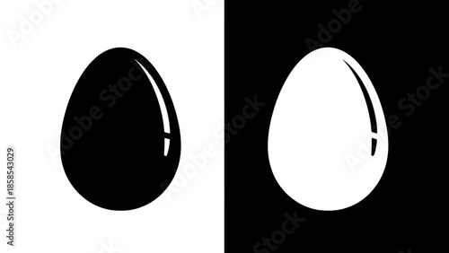 A stark graphic representation of two eggs, one black on a white background and the other white on a black background, symbolizing duality and contrast.