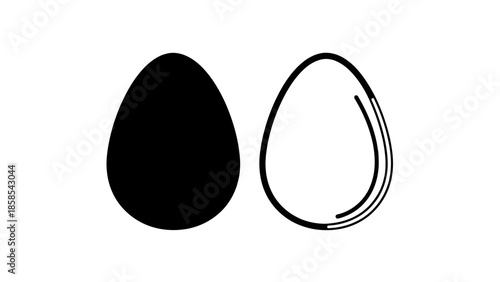 A solid black egg shape is shown next to a hollow outline of an egg with curved lines inside.