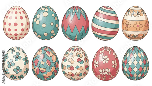 A collection of ten vibrantly decorated Easter eggs, each with unique patterns and colors, arranged in two rows.