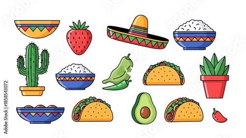 A vibrant collection of Mexican food and cultural icons, including tacos, avocados, cacti, and a sombrero, presented in a flat design style.