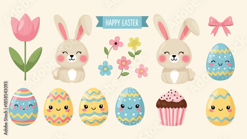 A charming collection of Easter-themed illustrations featuring cute bunnies, decorated eggs, a tulip, flowers, a cupcake, and a bow.