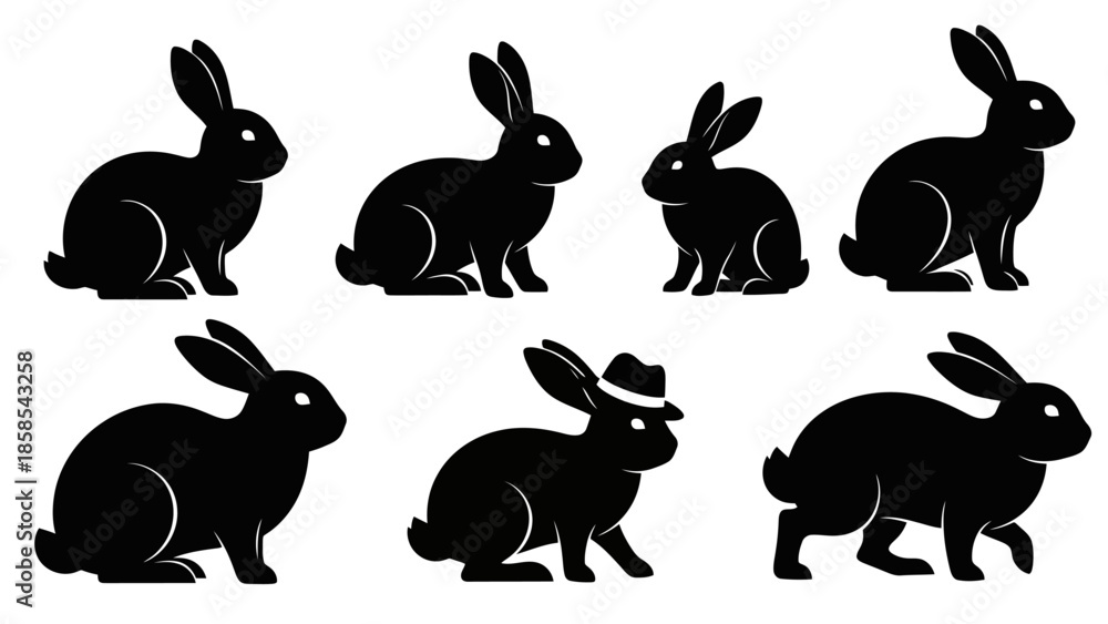 Fototapeta premium A collection of seven black rabbit silhouettes, some standing, some sitting, and one wearing a hat.