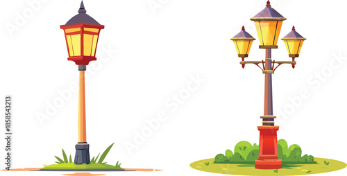 Detailed cartoon illustration of traditional street light lamp post for urban garden outdoor use areas