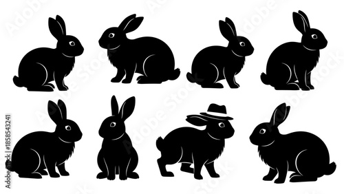 A collection of eight black silhouette illustrations of rabbits, with one rabbit wearing a hat.