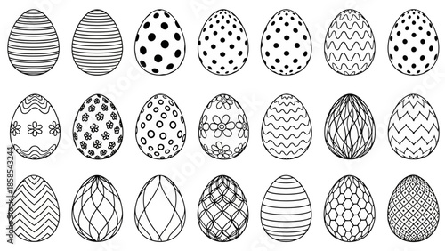 A collection of 24 intricately decorated Easter eggs, each featuring unique black and white patterns and designs.