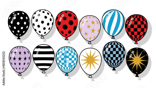 A collection of twelve colorful balloons with various patterns and designs, floating against a white background.
