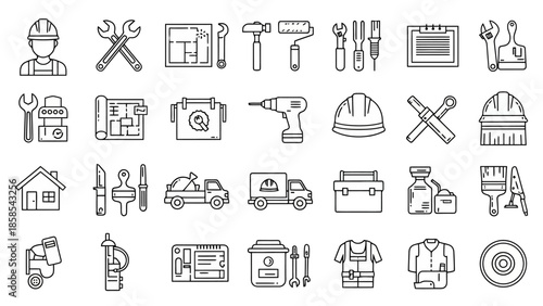 A comprehensive collection of line art icons representing various tools, construction elements, and professional equipment used in trades and industry.