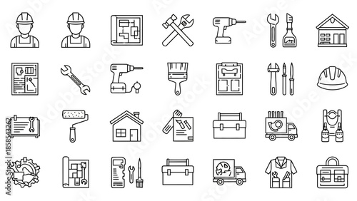 A collection of line art icons representing construction, renovation, and various tools used in building and repair work.