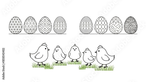 A charming black and white illustration featuring a row of six intricately patterned Easter eggs above a group of five adorable chicks standing on grass.