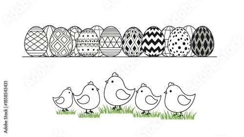 A charming black and white illustration of decorated Easter eggs lined up above a group of fluffy chicks standing on grass.