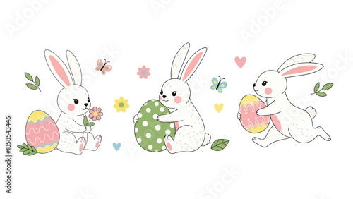 Three adorable cartoon Easter bunnies with decorated eggs and spring flowers, celebrating the holiday with joy and whimsy.