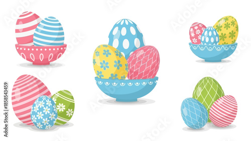 A collection of colorful Easter eggs in decorative bowls and arrangements, showcasing various patterns and pastel colors.