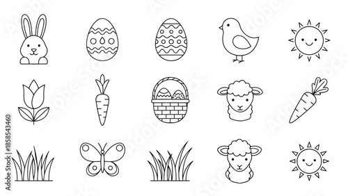 A collection of simple black and white line art icons representing Easter and spring themes, including a bunny, eggs, a chick, a tulip, carrots, a basket, sheep, grass, and a butterfly.