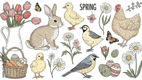 A charming collection of spring-themed illustrations featuring a rabbit, chicks, a duckling, a hen, various birds, tulips, daisies, butterflies, carrots, and Easter eggs.