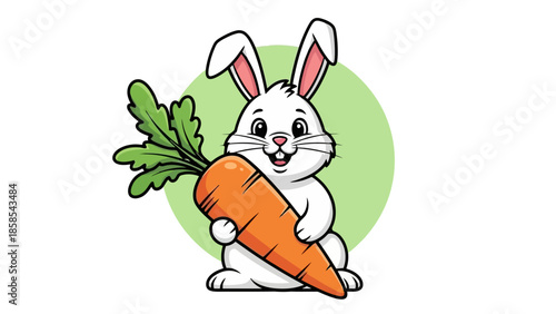 A cute cartoon white rabbit holding a large orange carrot with green leaves, set against a soft green circle background.