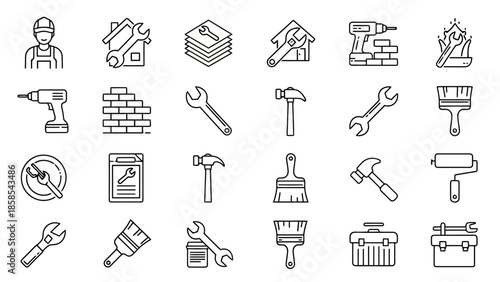 A collection of line art icons representing various tools and construction elements, including workers, wrenches, hammers, drills, paint rollers, and building materials.