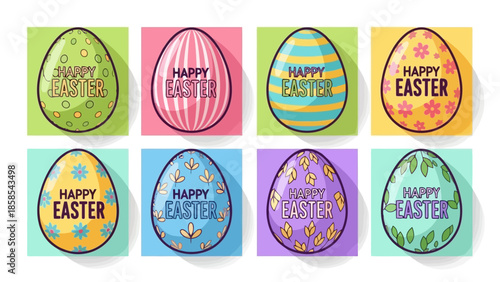 A collection of eight colorful Easter eggs with intricate patterns and the words "Happy Easter" written on them, set against pastel backgrounds.