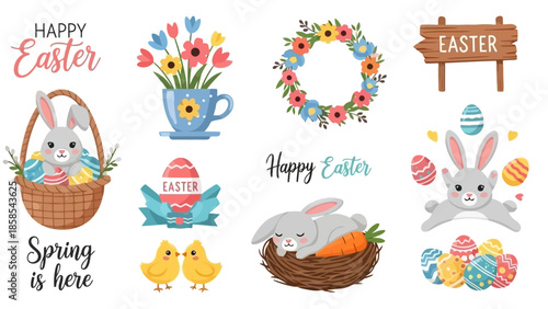 A collection of charming Easter-themed illustrations featuring bunnies, chicks, decorated eggs, flowers, and festive greetings.