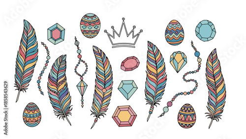 A collection of bohemian-style decorative elements including feathers, gemstones, beaded strings, and patterned eggs, with a crown accent.