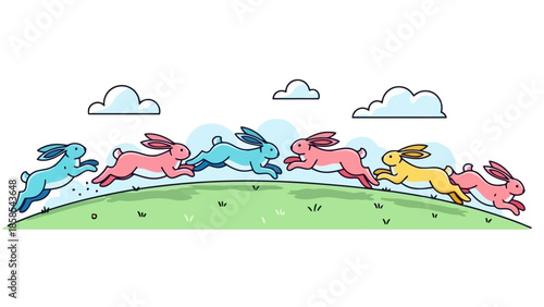 A group of colorful cartoon rabbits hopping across a grassy hill under a cloudy sky.